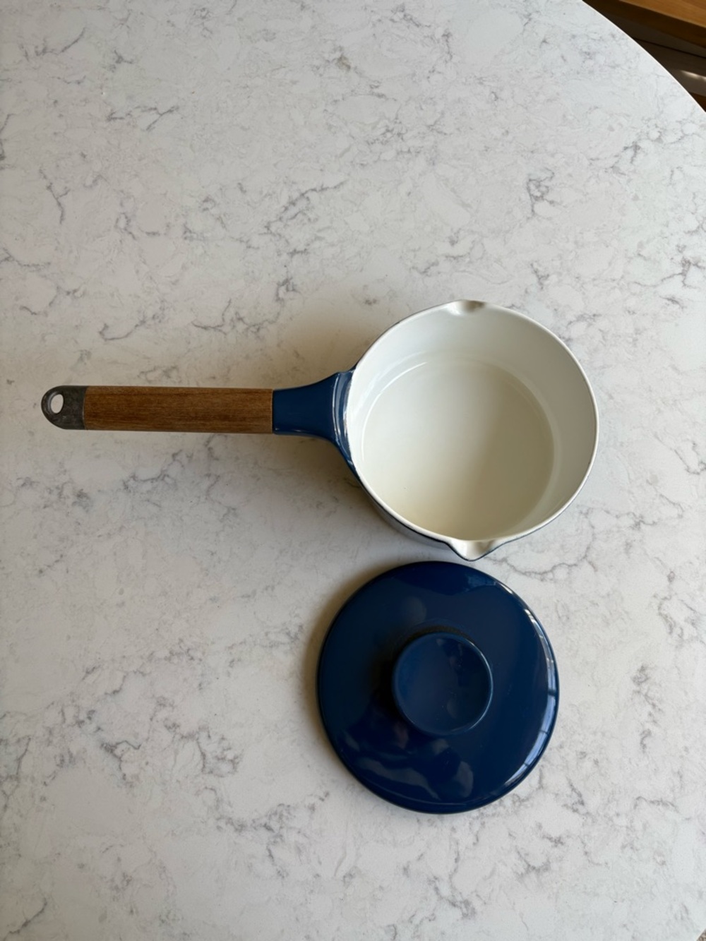 Vintage MCM Danish Copco Blue Cast Iron Saucepan with Wooden Handle